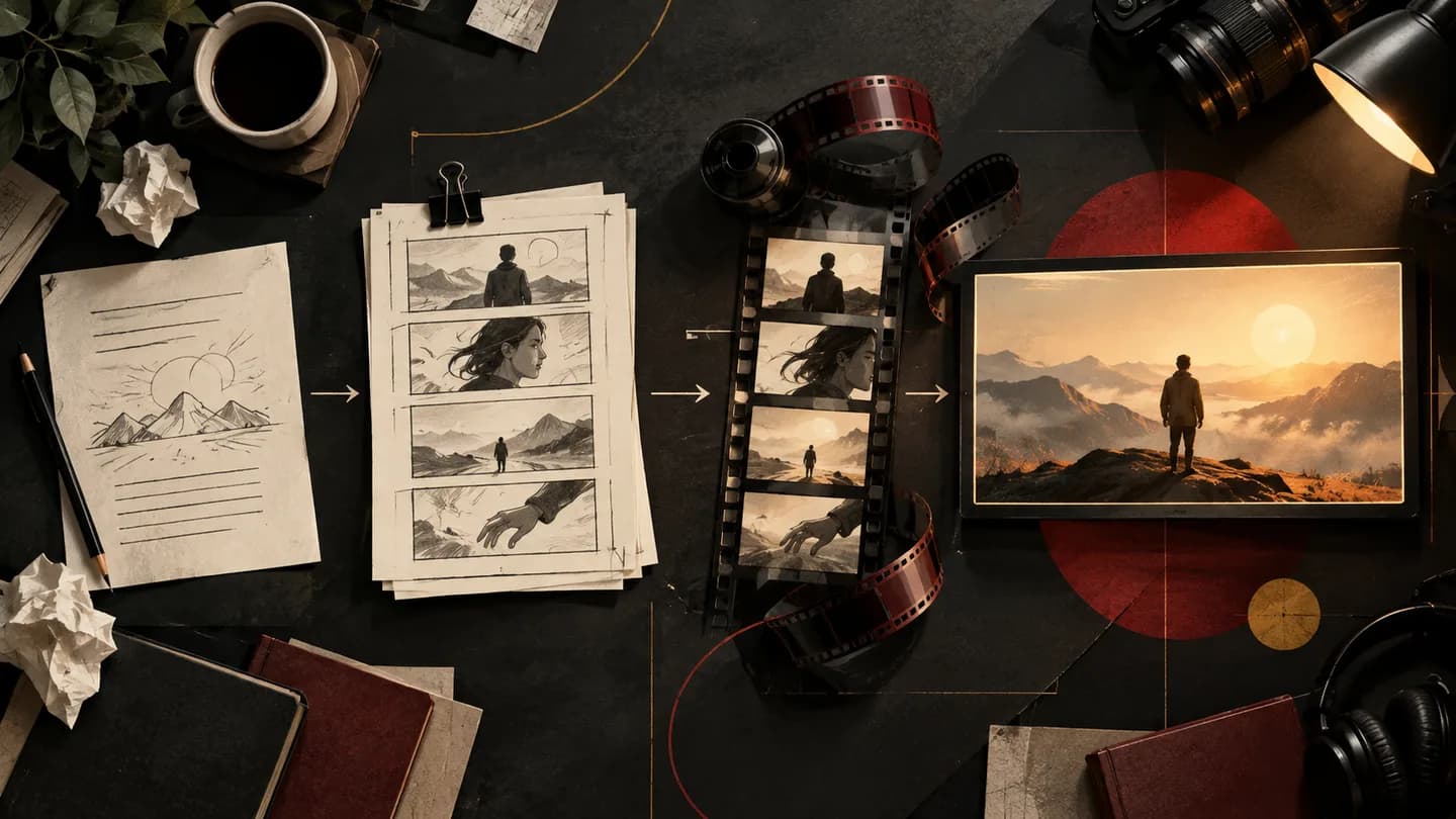 A production brief becomes storyboard panels and a finished film frame.