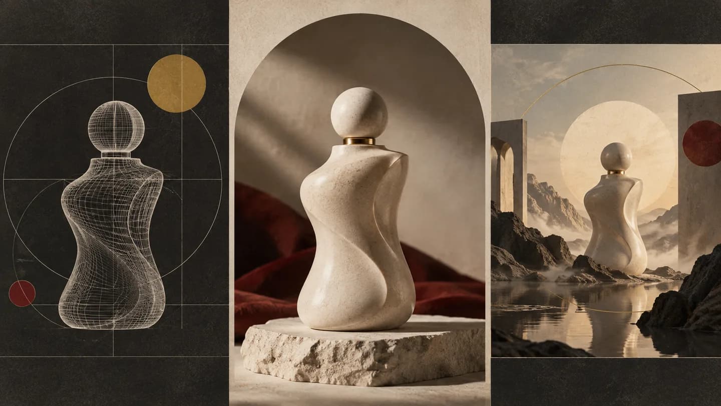 A product bottle shown through wireframe CGI, studio imagery and an imagined environment.