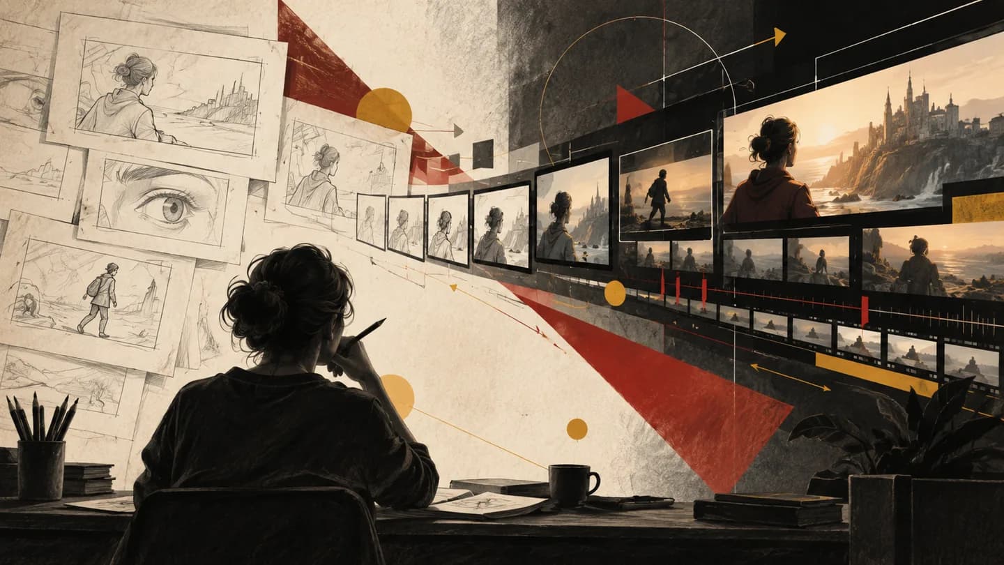 Pencil storyboard frames develop into an animatic timeline.