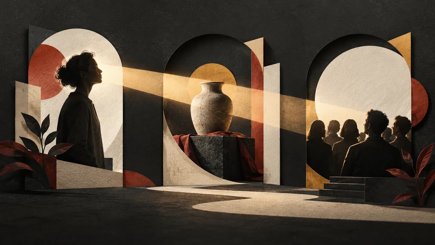 Layered cinematic frames connect a person, a crafted object and an audience.