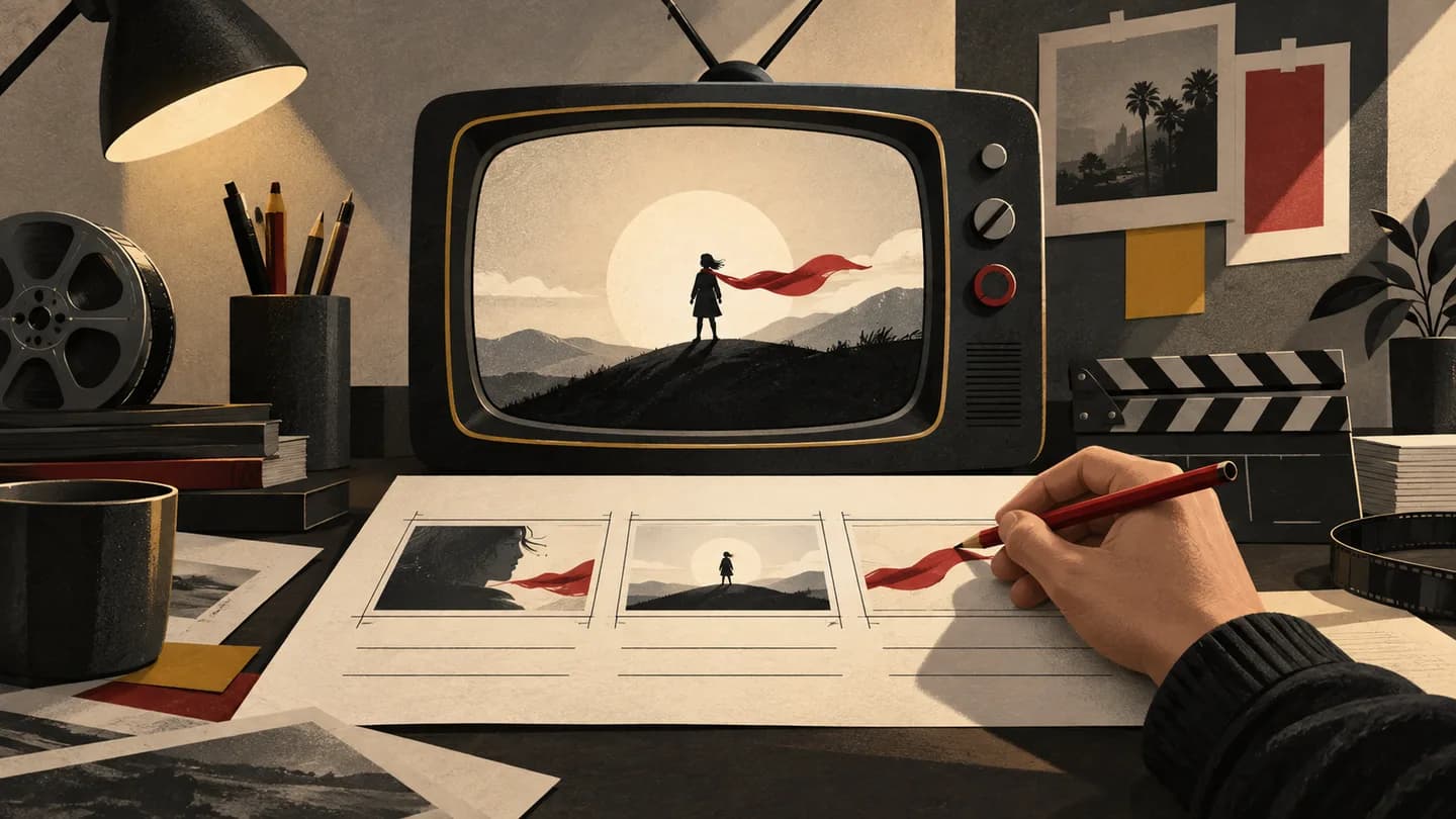 A television frame, creative brief and timing marks arranged on a director’s desk.
