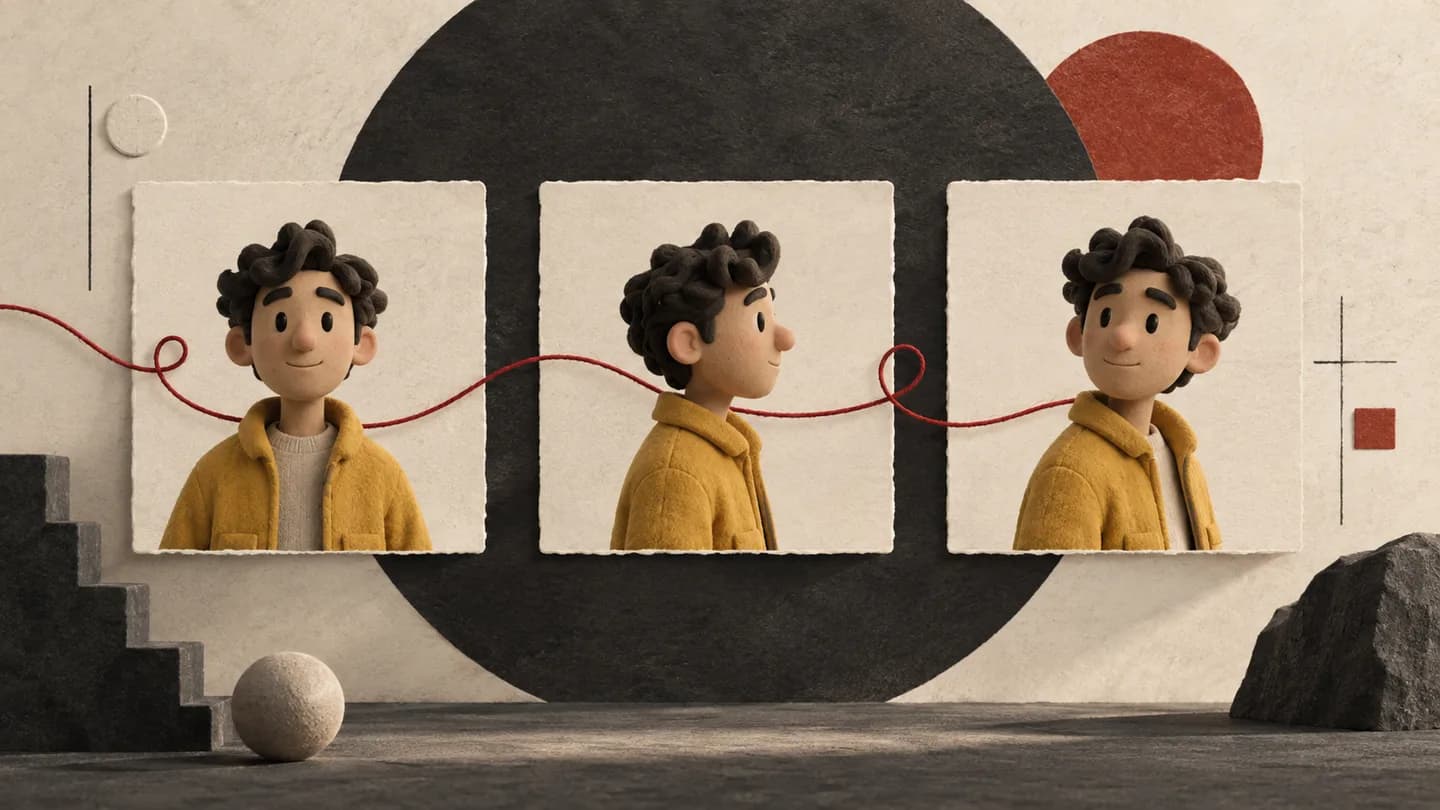 A character reference sheet connects consistent front, profile and three-quarter views.