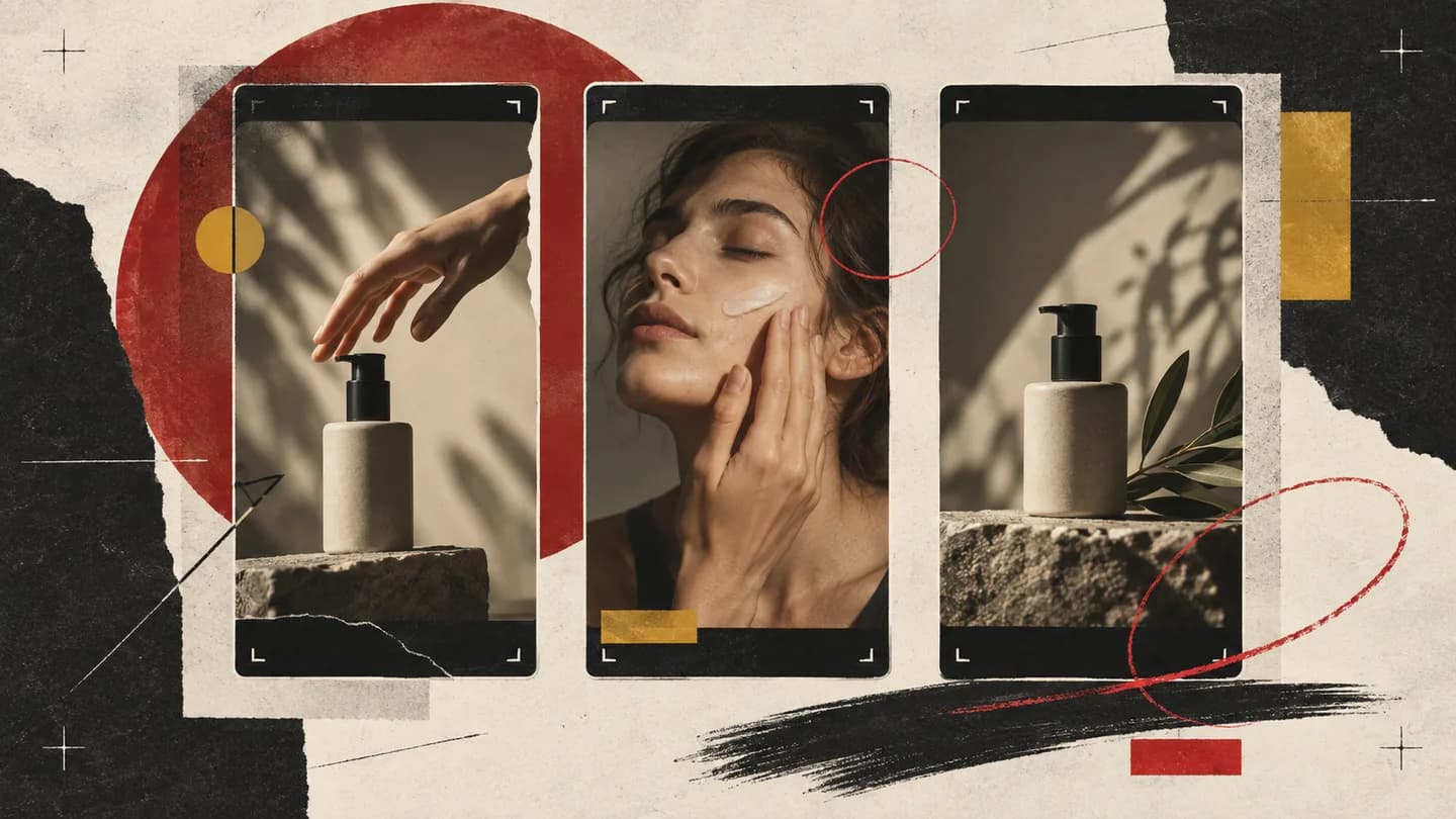A contact sheet compares three visual approaches to a short-form product ad.