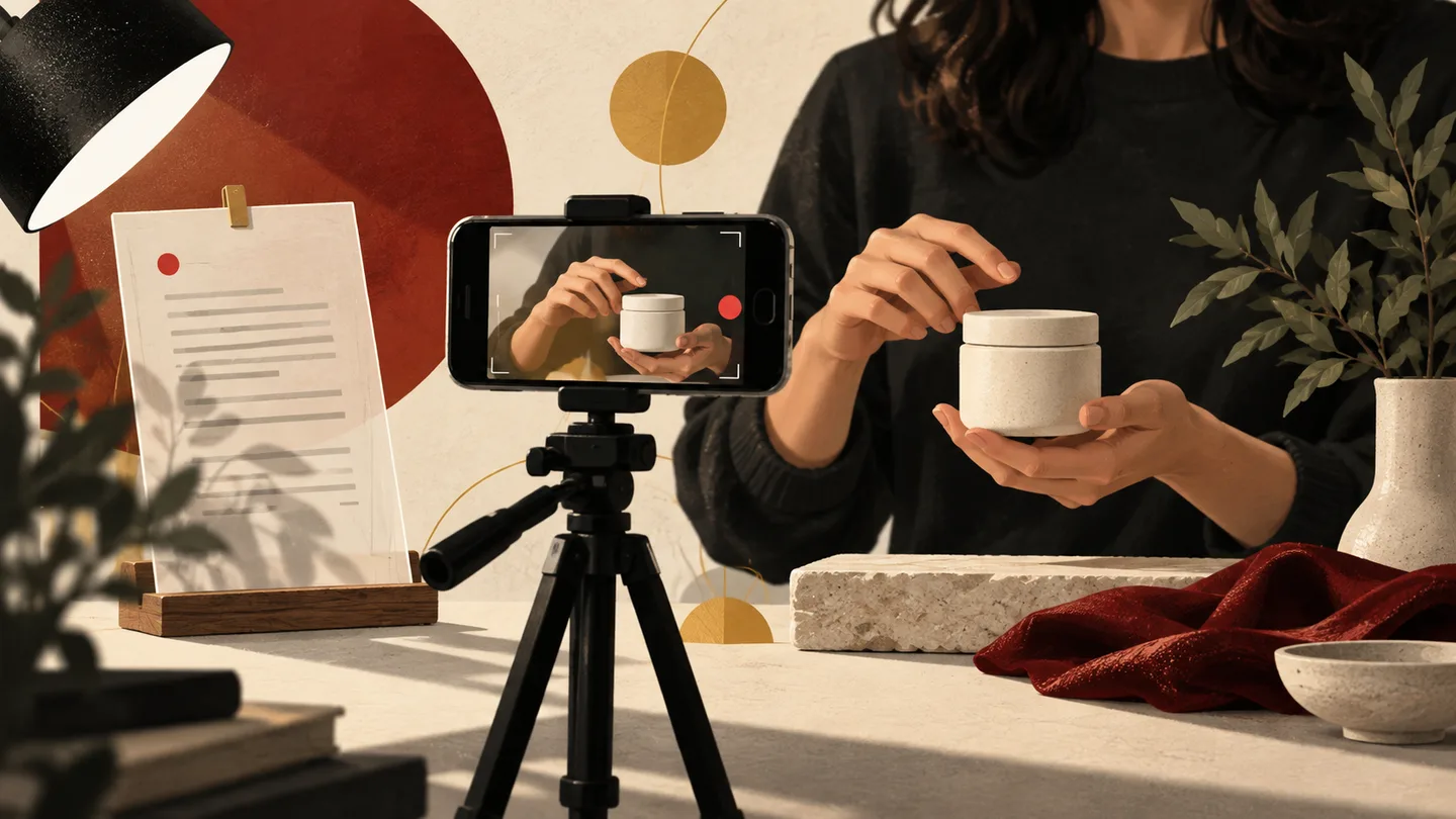 A smartphone filming setup records a hands-on product demonstration.