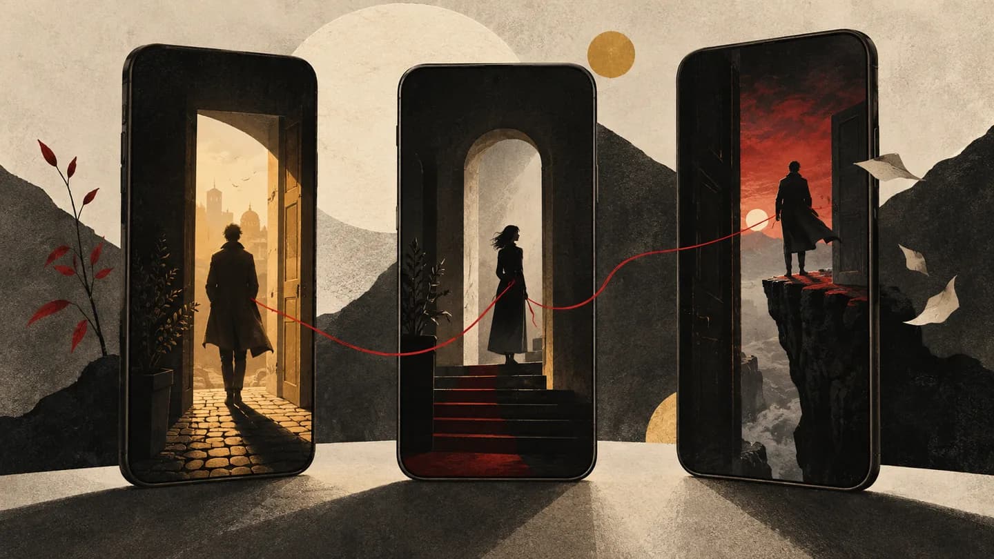 Vertical story frames connected by an episodic narrative thread.